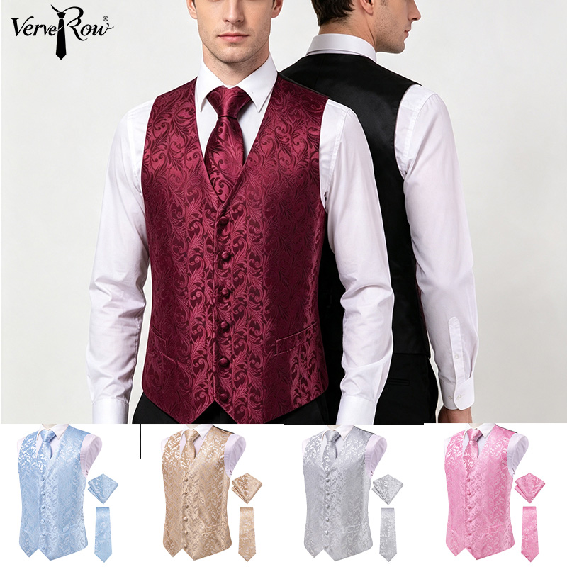 Men Formal Wear With Tie - VerveRow Erkek Bordo Çiçekli Jakarlı Yelek