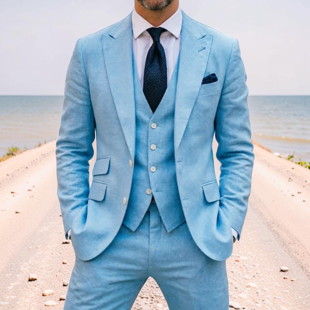 Men Formal Wear For Summer - Gökyüzü Mavisi Keten Erkek Düğün Smokini